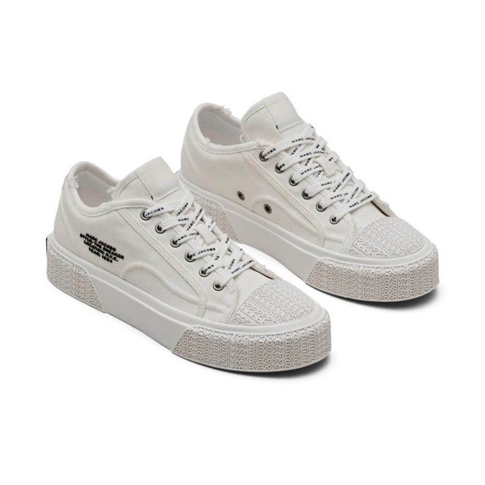 Marc Jacobs White Canvas Platform Sneakers Logo Lace-Up Designer 39 8.5